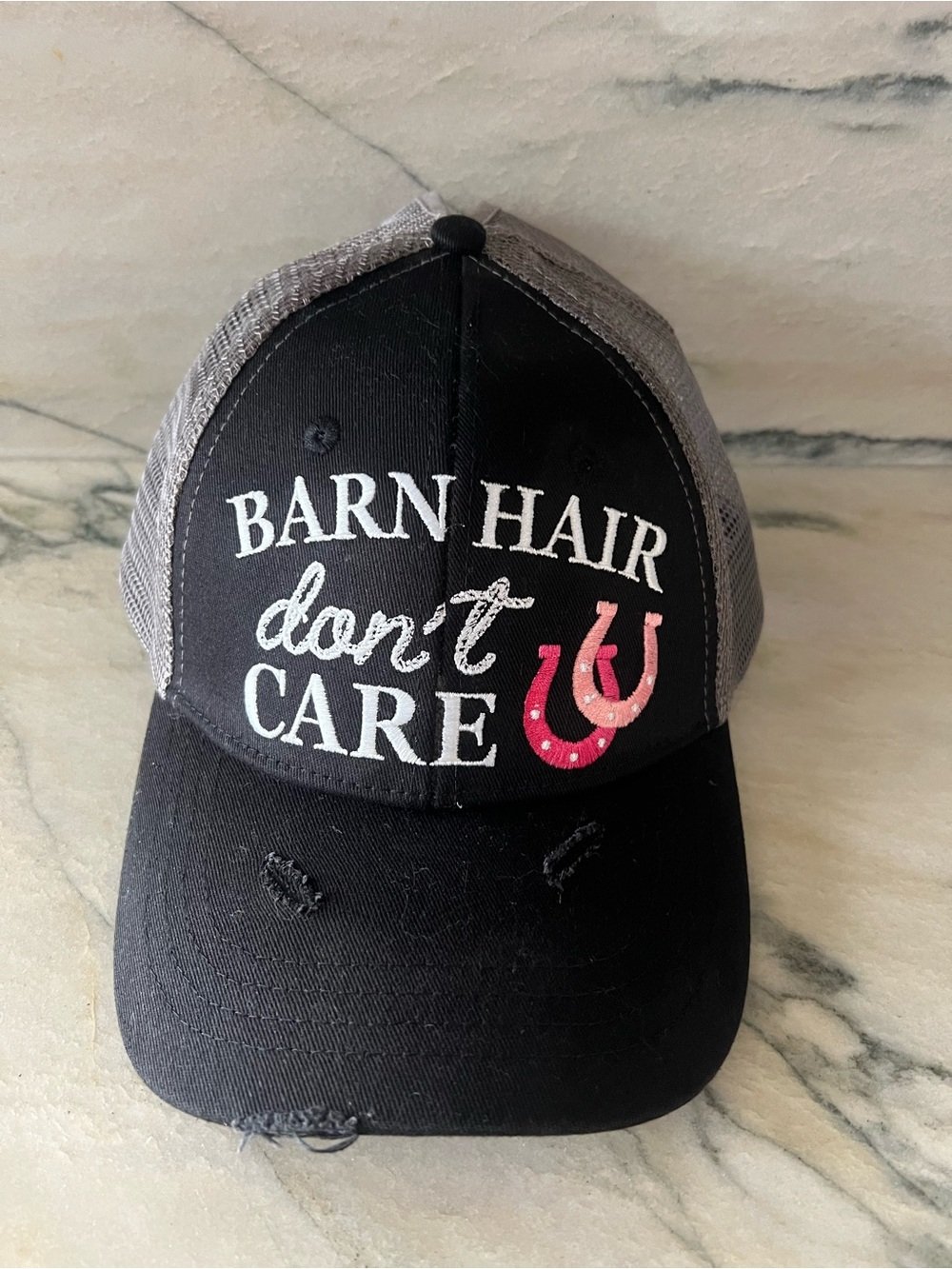 Barn Hair Don't Care Black Trucker Hat with Pink Horseshoes